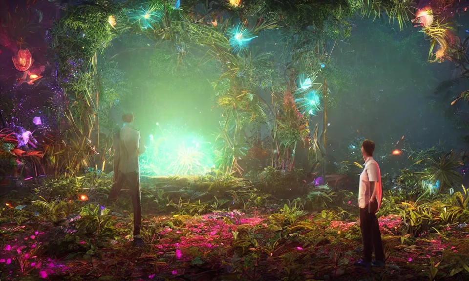 Prompt: a man standing in front of a glowing sparkling gigantic portal in a mysterious jungle, fantasy, flowery, particles, fireflies, octane render, unreal engine, artstation, digital art