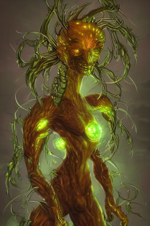 Image similar to a humanoid figure plant monster, amber glow, highly detailed, digital art, sharp focus, trending on art station, plant, anime art style