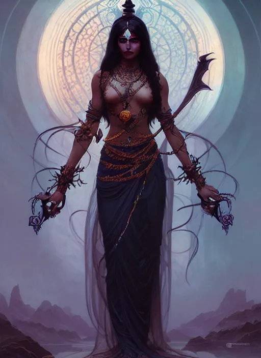 Image similar to a beautiful cinematic female kali goddess of death, fantasy landscape, fantasy magic,, dark light night, intricate, elegant, sharp focus, illustration, highly detailed, digital painting, concept art, matte, art by WLOP and Artgerm and Greg Rutkowski and Alphonse Mucha, masterpiece