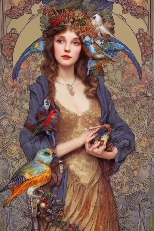 Image similar to zoom in 3 d render of english princess holding birds, ornaments, mucha vibe, dieselpunk, solarpunk, artstation, andrei riabovitchev