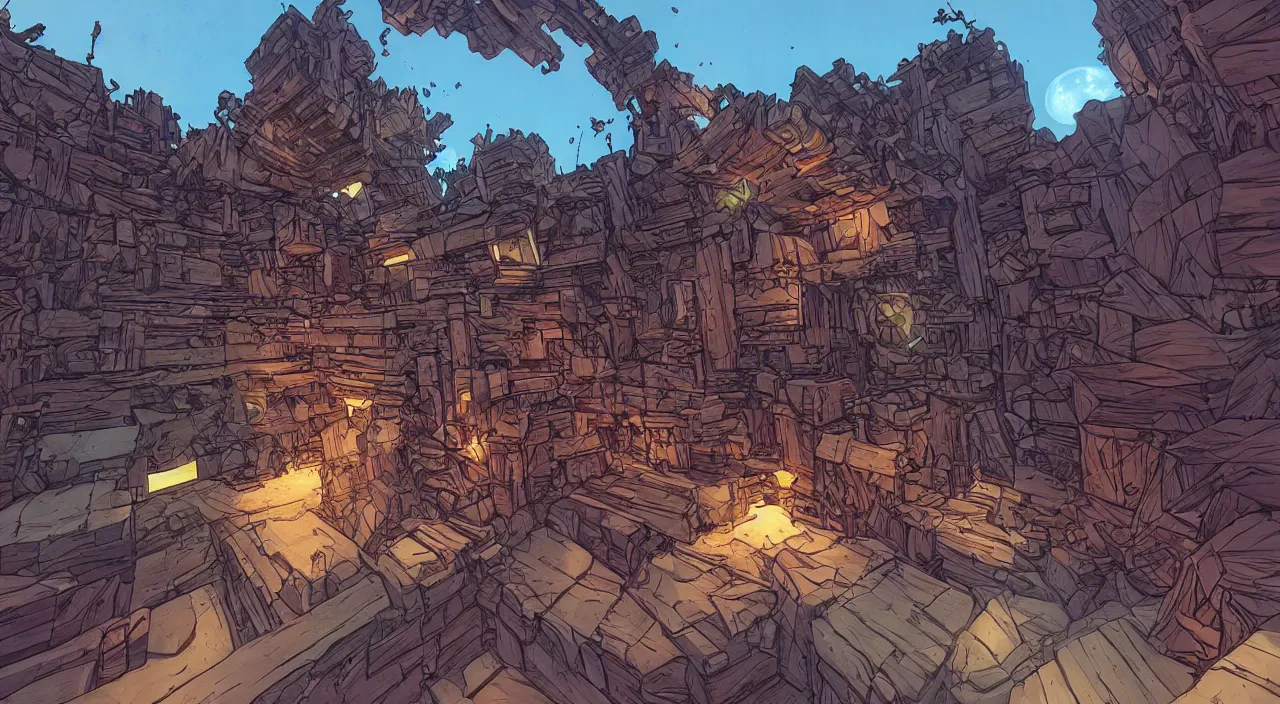 Prompt: wood wall fortress greeble block amazon jungle global illumination ray tracing ambiant torch fornite that looks like it is from borderlands and by feng zhu and loish and laurie greasley, victo ngai, andreas rocha, john harris