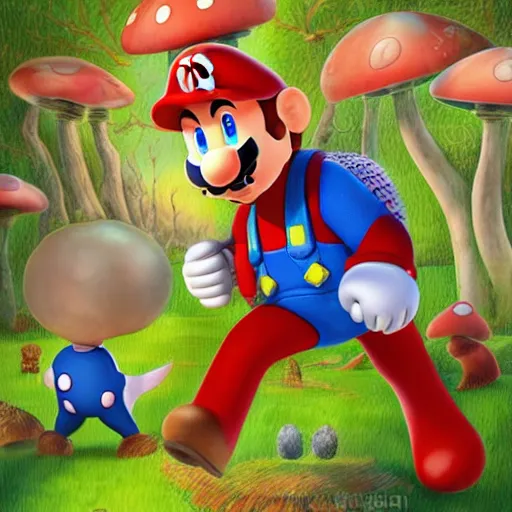 Prompt: a realistic portrait chris pratt as super mario running in a field of mushrooms by android jones