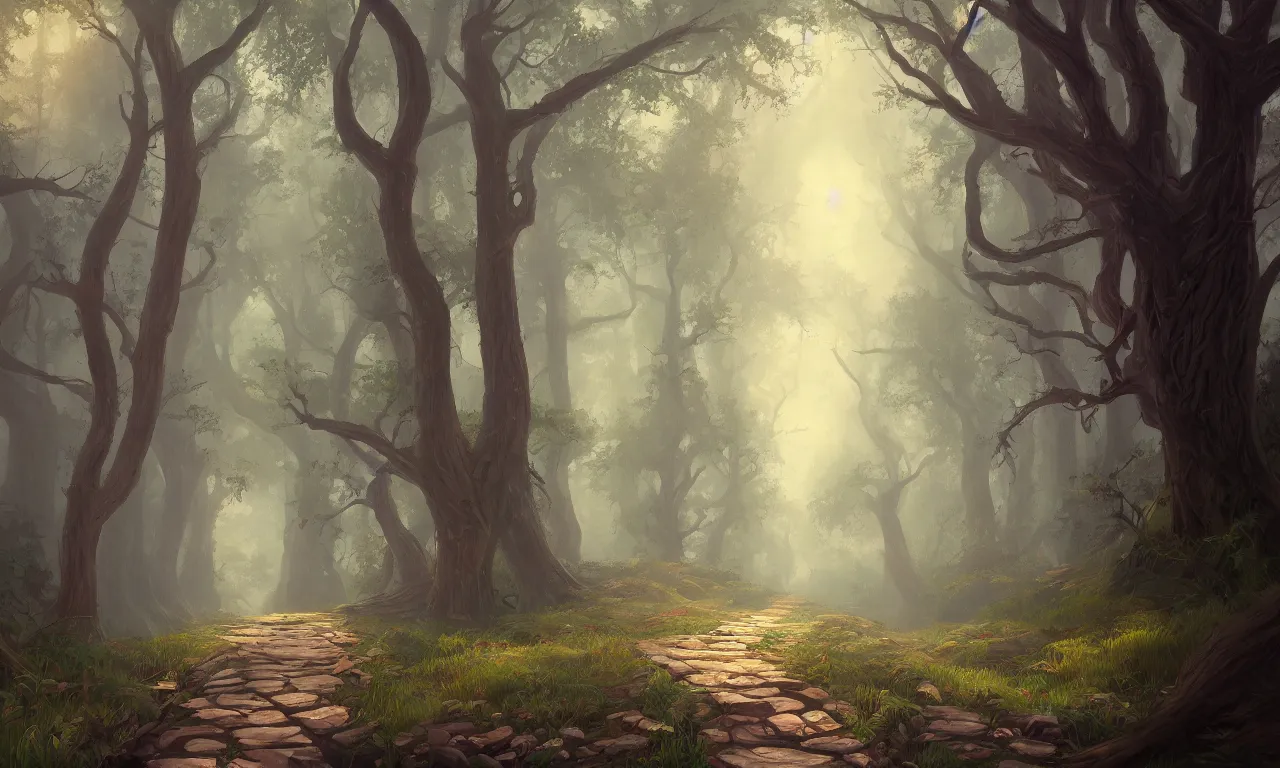 Prompt: a painting of a path leading to a mystical forest full of wonders, pine trees, magical atmosphere, trending on artstation, 30mm, by Noah Bradley