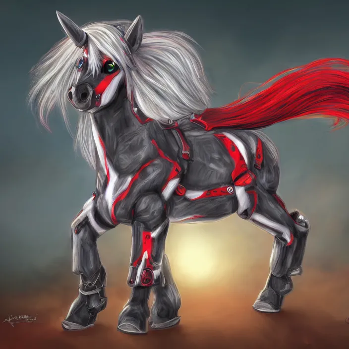 Prompt: Fallout Equestria Project Horizons | Blackjack Character Fanart | White MLP Unicorn Mare with red and black shaggy hair, and bright, robotic eyes. | Trending on ArtStation, Digital Art, MLP Fanart, Fallout Fanart | Hyperrealistic CGI Photorealistic Cyborg Unicorn