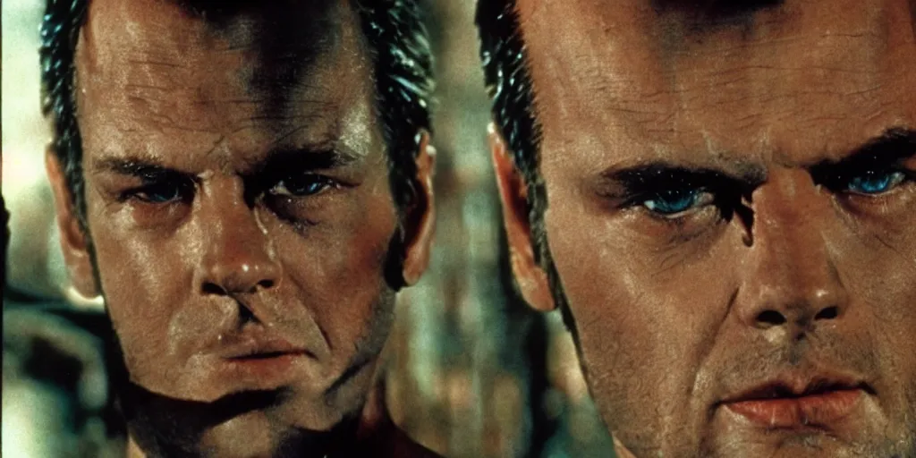 Image similar to A young Jack Nicholson on the movie blade runner from 1982, movie still, face close-up, in color, detailed face, symmetrical face, 4k,