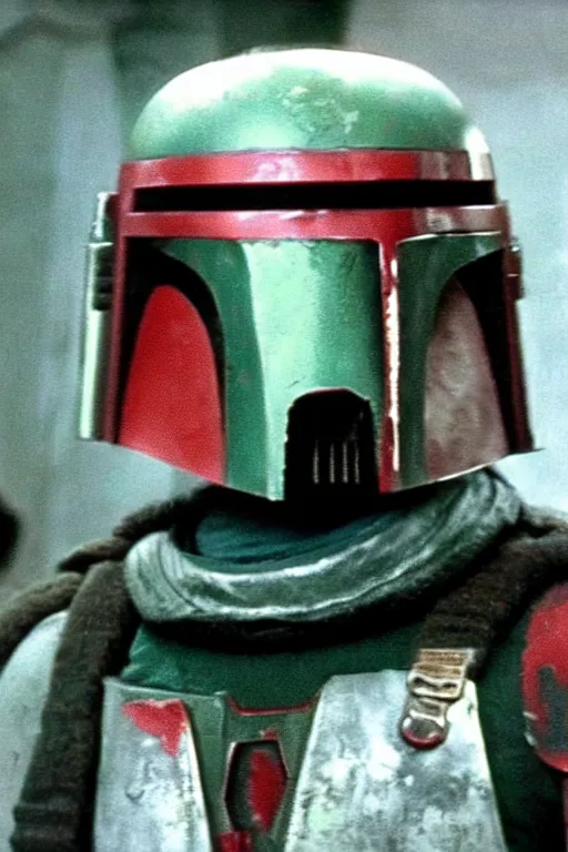 Image similar to boba fett helmet slashed open partially exposed face scowling. screenshot from 1977 Star Wars