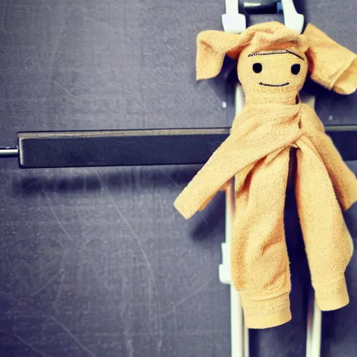 Image similar to a doll tied to a towel rack in the bathroom with a fabric belt