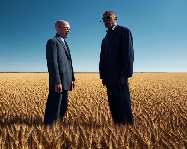 Image similar to extreme long shot of walter white and gustavo fring standing facing each other from a distance in a wheat field, low angle, side view, perfect angle, 8 5 mm photograph, 8 k resolution, wide shot, sharp lens, high detail, cinematic