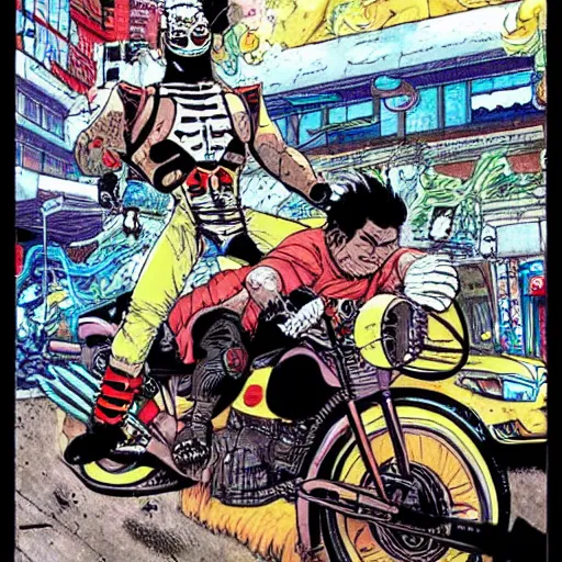 Image similar to mexican wrestler riding japanese motorcycle in neotokyo, manga katsuhiro otomo style, full page cartoon