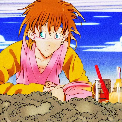 Image similar to girl making a sand castle on the beach, sprite, vaporwave nostalgia, visual novel cg, 8 0 s anime vibe, kimagure orange road, yu - no, initial d, sketch by by osamu tezuka, directed by beat takeshi, wallpaper, ultra hd, vlc screenshot