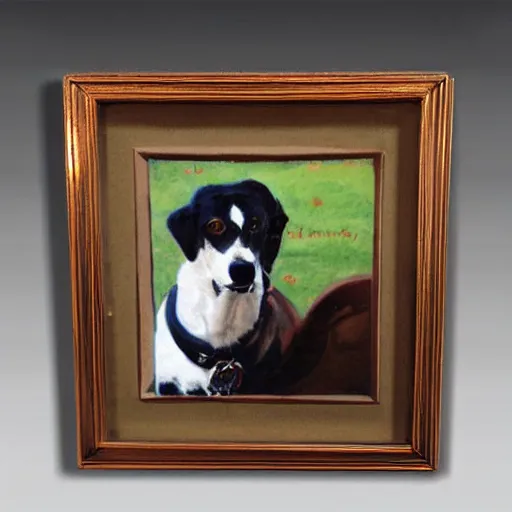 Prompt: painted wooden frame, elegant, 1 9 2 0 s, for a square picture of a happy dog. the frame is ornate and has room for the name tag of the dog. digital art