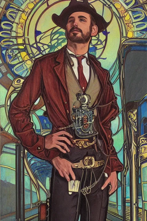 Prompt: a dramatic ethereal epic symmetrical painting of a handsome villainous cowboy standing in front of railroad tracks with a train locomotive | his shirt is unbuttoned and he has a pocketwatch | tarot card, art deco, art nouveau, ( steampunk ), homoerotic, realistic | by louis comfort tiffany and ( ( ( ( alphonse mucha ) ) ) | trending on artstation