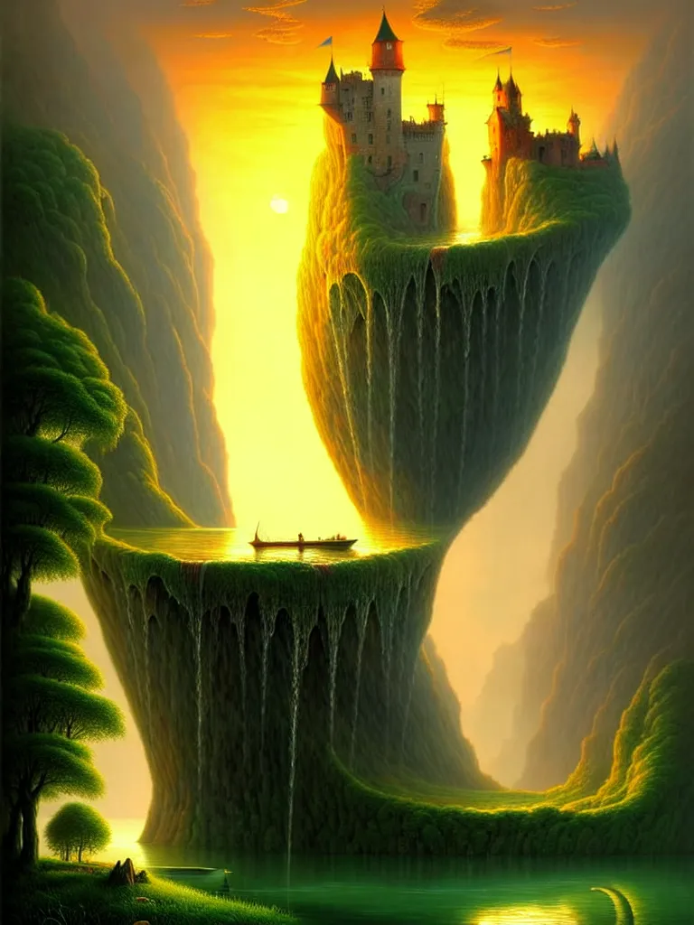 Image similar to gediminas pranckevicius an immense gigantic ornated iron cup with a lake inside, water in excess droping by thomas cole, boats, castle, sunset, volumetric light, godrays