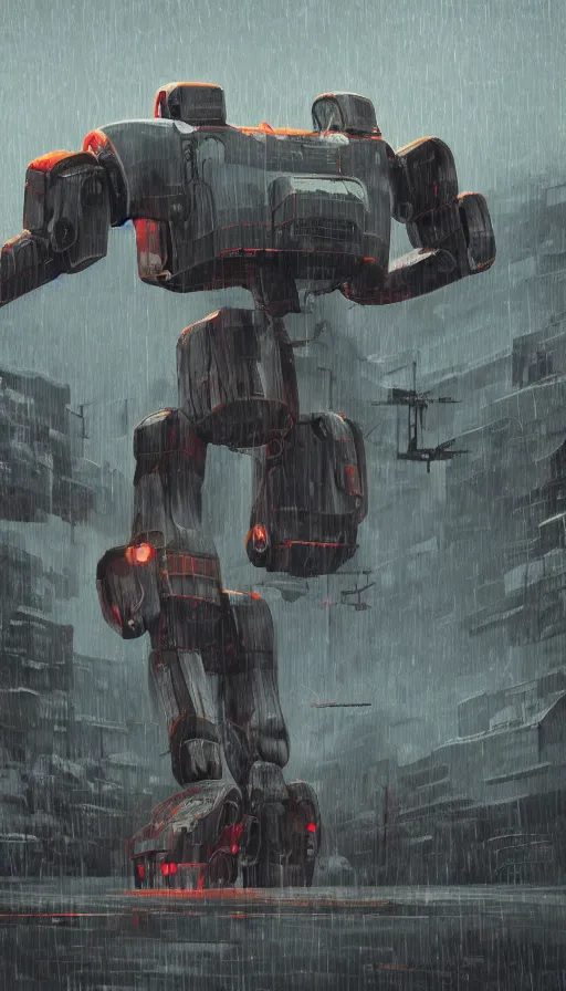 Prompt: a giant broken robot in rain, tired, island, rustic, dormant, nearby, sharp focus, james gilleard, cinematic, game art, extremely detailed digital painting, print