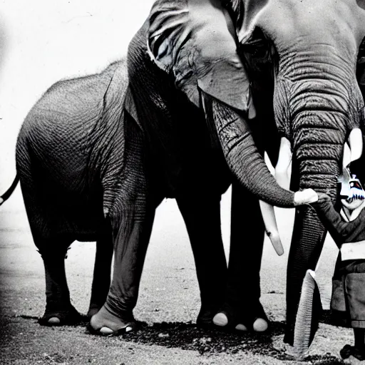 Prompt: extremely detailed black and white photo by john l. gaunt of a small boy standing next to an elephant. extreme focus of the face.