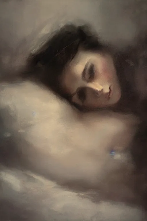 Image similar to detailed cinematic moody colors studio portrait of a lady in bed, high quality by jeremy mann, only one head single portrait