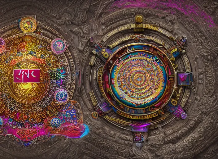 Prompt: hyperrealism, detailed textures, photorealistic 3 d render, a mystical wizard wearing a beautifully coloured tibetan kalachakra crystal mandala with sanskrit writing as a pendant, sharp focus, ultra realistic, ultra high pixel detail, cinematic, intricate, cinematic light, concept art, illustration, art station, unreal engine 8 k