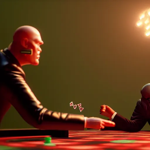 Image similar to hyperrealism simulation highly detailed human turtles'wearing detailed tuxedos and smoking, playing poker in surreal scene from cyberpunk movie from future by wes anderson and denis villeneuve and mike winkelmann rendered in blender and octane render