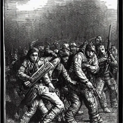 Prompt: A scene from Counter Strike, wood engraving, by Gustave Dore