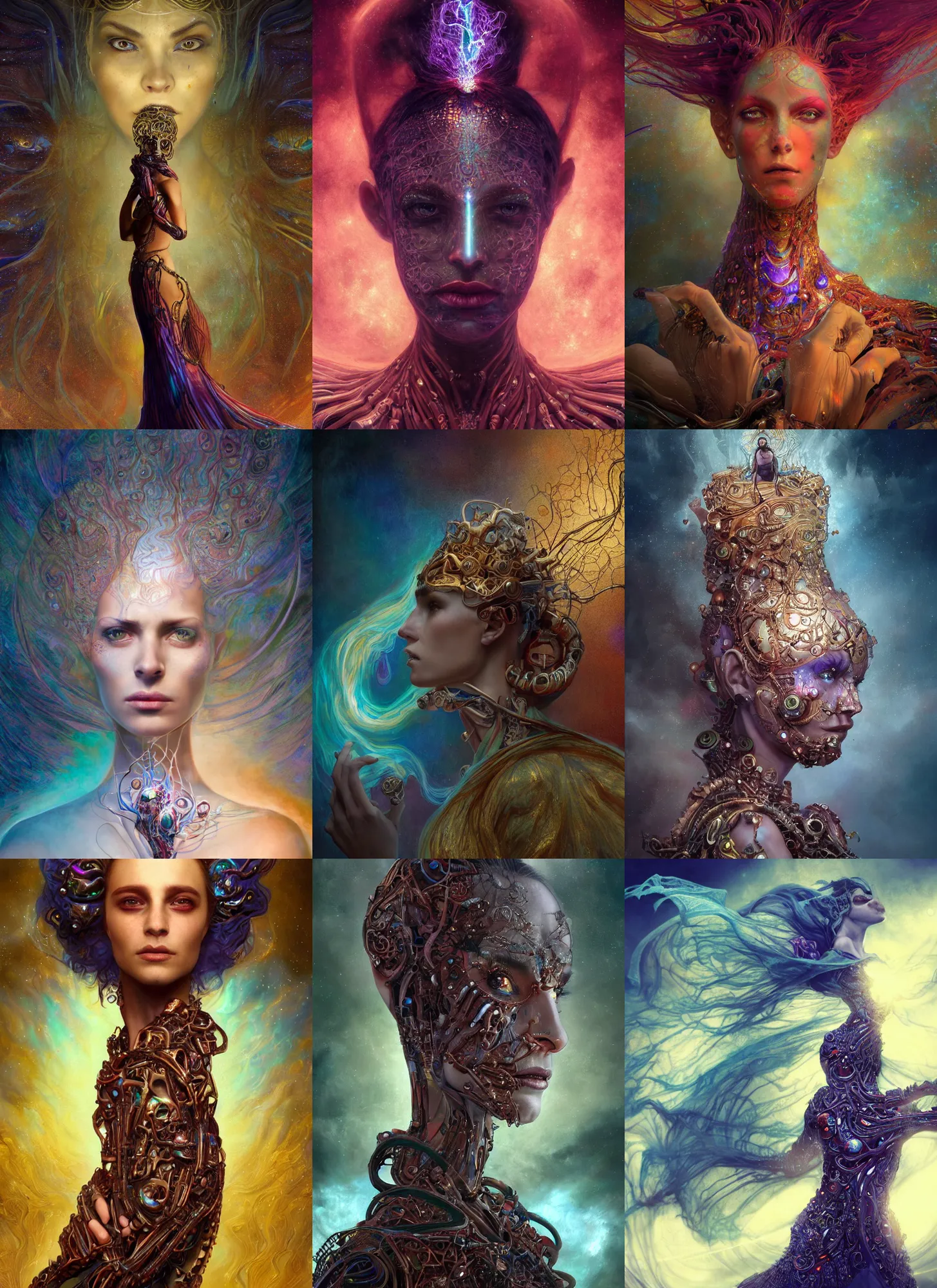 Prompt: vivid hyperdetailed portrait of menacing, anxious, agitated yet stunningly beautiful biomechanical djinn the unwilling god of creation overseeing the iridescent fabric of the universe, by charlie bowater, mandy jurgens, gustav klimt, octane render, dramatic camera angle, 4k, 8k, high detail, HDR, by tom bagshaw, powerful, with inspiration from Beksinski, inspired by greek goddess Athena