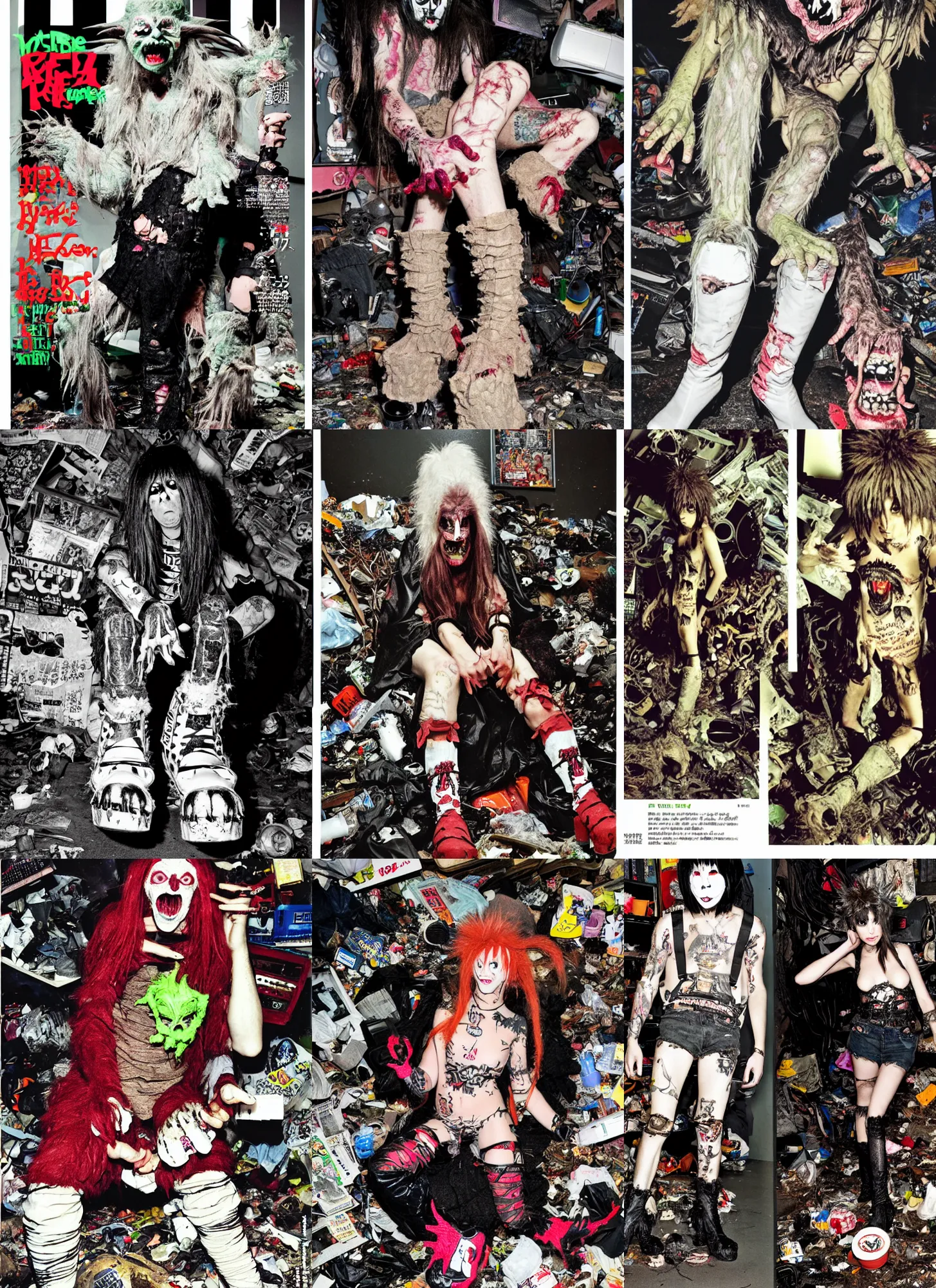 Image similar to photo of lace monster goblin wearing ripped up dirty Swear kiss monster teeth yeti platform boots in the style of Ryan Trecartin in the style of 1990's FRUiTS magazine 20471120 in japan in a dirty dark dark dark poorly lit bedroom full of trash and garbage server racks and cables everywhere in the style of Juergen Teller in the style of Shoichi Aoki, japanese street fashion, KEROUAC magazine, Walter Van Beirendonck W&LT 1990's, Vivienne Westwood, y2K aesthetic