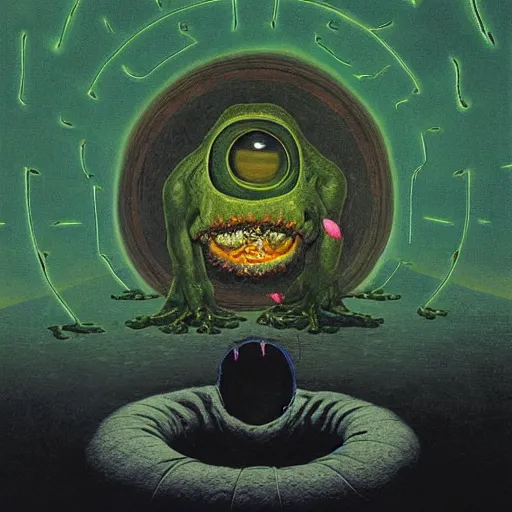 Image similar to pepe the frog being forced into a portal from hell, floating dark energy surrounds them. there is one cow in the corner of the room, surrounded by a background of dark cyber mystic alchemical transmutation heavenless realm. highly detailed, vivid color, beksinski painting, part by adrian ghenie and gerhard richter. art by takato yamamoto. masterpiece