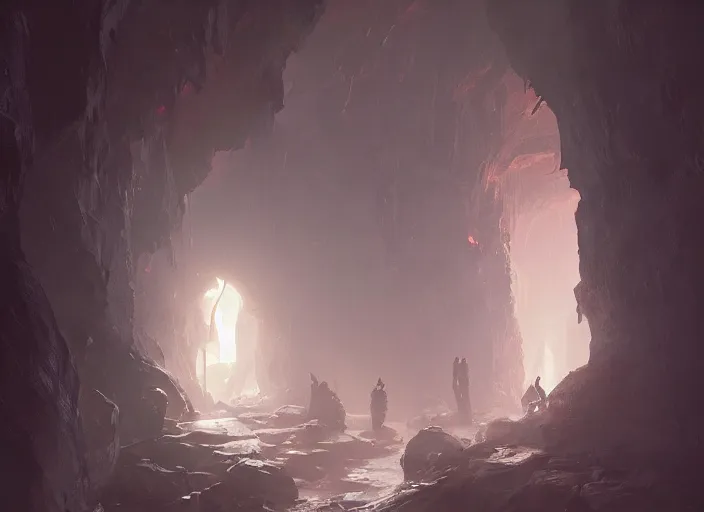 Prompt: A cave interior by Greg Rutkowski, trending on Artstation, massive scale