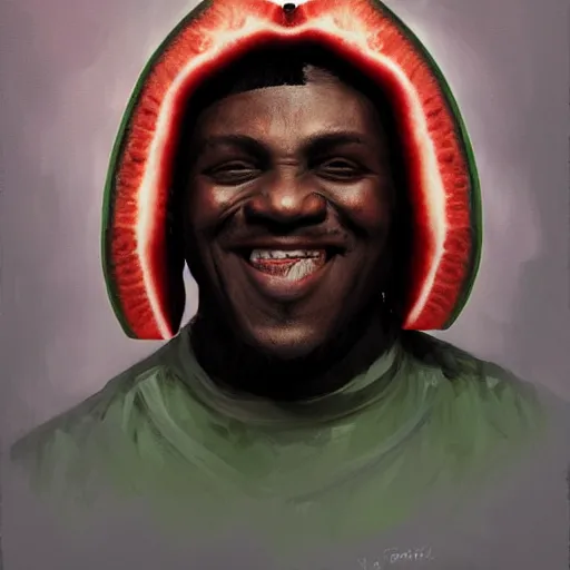 Image similar to front portrait of a funny looking not smiling black guy with a watermelon fruit helmet that covers only the top of his head by greg rutkowski