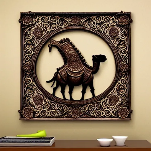 Image similar to gorgeous ornated 3 d printed realistic detailed sacred camel wall decoration with filigree