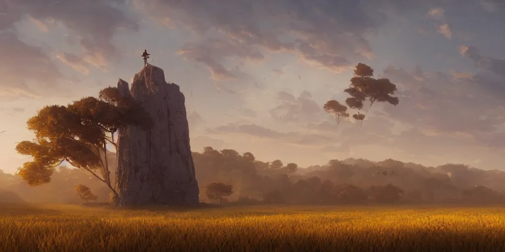 Image similar to wide shot of a monolith floating high above a cornfield, late afternoon, golden hour, highly detailed, smooth, sharp focus, concept art by greg rutkowski and jakub rebelka and ruan jia