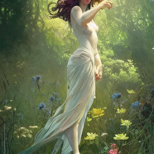 Image similar to moss and flowers forming the shape of a human figure. beautiful high quality realistic fantasy art, trending on artstation by artgerm and greg rutkowski and alphonse mucha