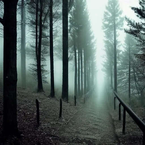 Image similar to creepy stairs in middle of forest, stairs leading to nowhere!, dark foggy misty colors!, dark forest from evil realm