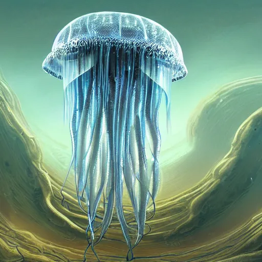 Prompt: a robotic jellyfish science fiction concept art by James Clyne