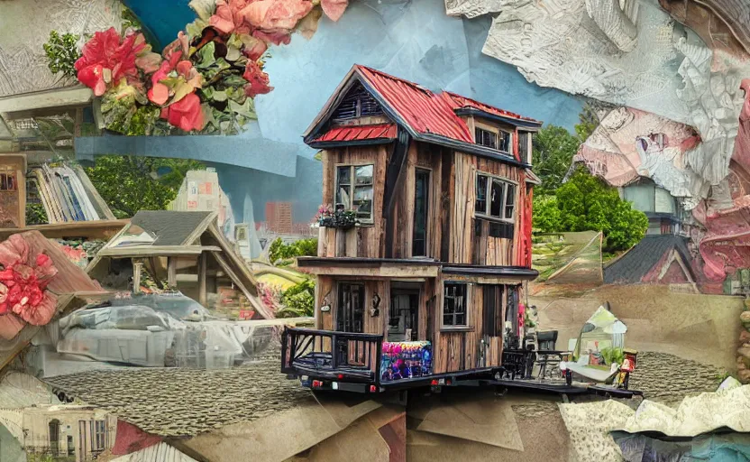 Prompt: hyperdetailed tinyhouse, seen from the distance. along a maximalist river made of paper and unexpected interesting fabric elements. 8 x 1 6 k hd mixed media 3 d collage in the style of a childrenbook illustration in soft natural tones. delicate and tender. matte background no frame hd