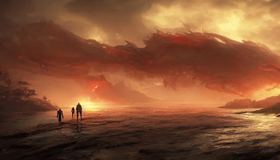 Image similar to bloody river in hell, by greg rutkowski, people walking into the horizon, red river, dragon flying in sky, trending on artstation