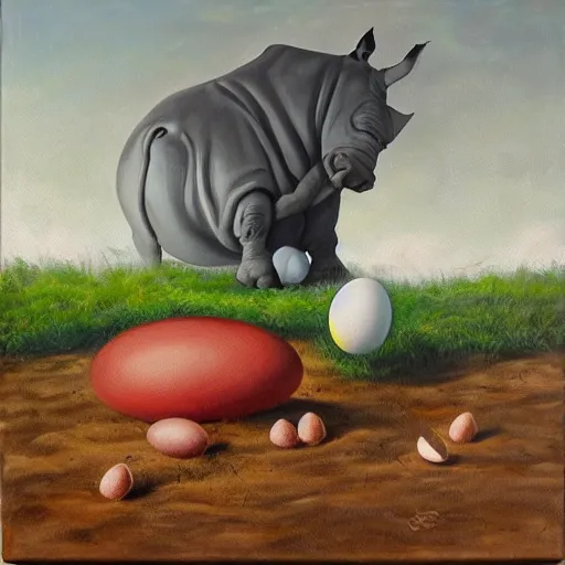 Prompt: oil on canvas of, rhinoceros hatching an egg in hawaii