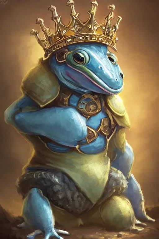 Image similar to cute anthropomorphic frog knight wearing a cape and a crown, tiny, small, miniature bear, baby animal, short, pale blue armor, cute and adorable, pretty, beautiful, DnD character art portrait, matte fantasy painting, DeviantArt Artstation, by Jason Felix by Steve Argyle by Tyler Jacobson by Peter Mohrbacher, cinematic lighting