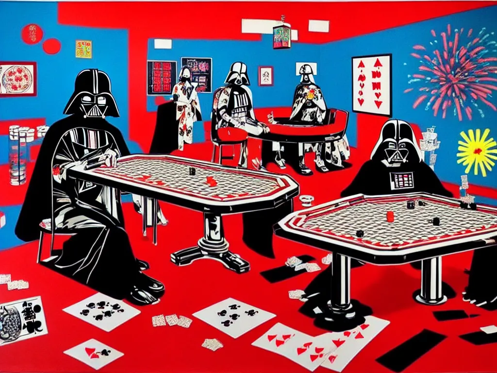 Image similar to hyper - realistic composition of a room with an extremely detailed poker table, croupier in traditional japanese kimono standing nearby, darth vader sitting at the table, fireworks in the background, pop art style, jackie tsai style, andy warhol style, acrylic on canvas