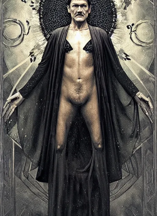 Image similar to pedro pascal as aleister crowley the grand mage of thelema. art by tom bagshaw and greg danton and manuel sanjulian