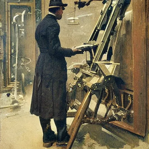 Prompt: edwardian engineer working on a complicated machine, painting by alfred stevens