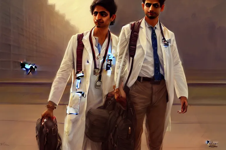 Image similar to Anxious good looking pale young Indian doctors wearing American clothes at the airport, portrait, elegant, intricate, digital painting, artstation, concept art, smooth, sharp focus, illustration, art by artgerm and greg rutkowski and alphonse mucha