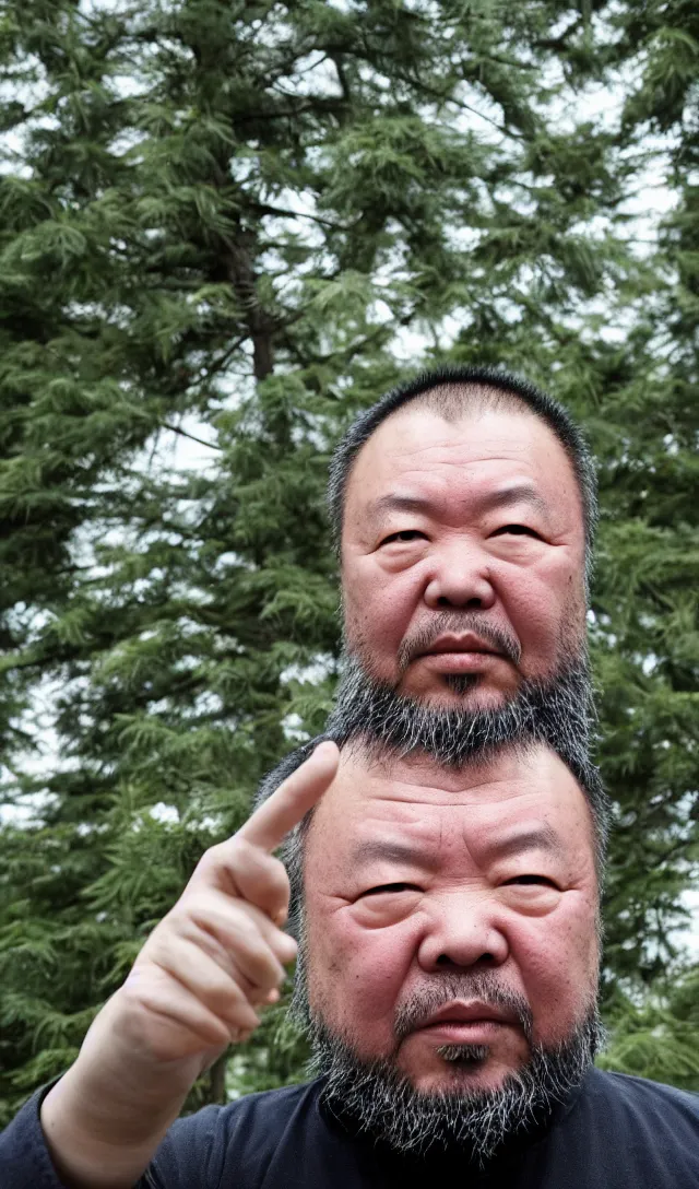 Prompt: Ai Weiwei looking angry into the camera showing his middle finger, blue soft light, a green pine tree in the background, 50 mm
