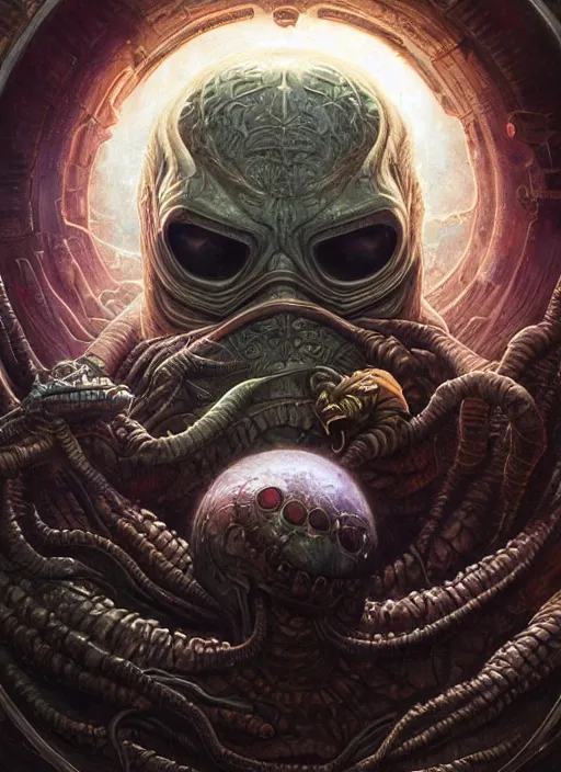 Prompt: spaceship mf doom reptile eyes, cosmic horror, intricate, elegant, highly detailed, centered, digital painting, artstation, concept art, smooth, sharp focus, illustration, artgerm, tomasz alen kopera, peter mohrbacher, donato giancola, joseph christian leyendecker, wlop, frank frazetta