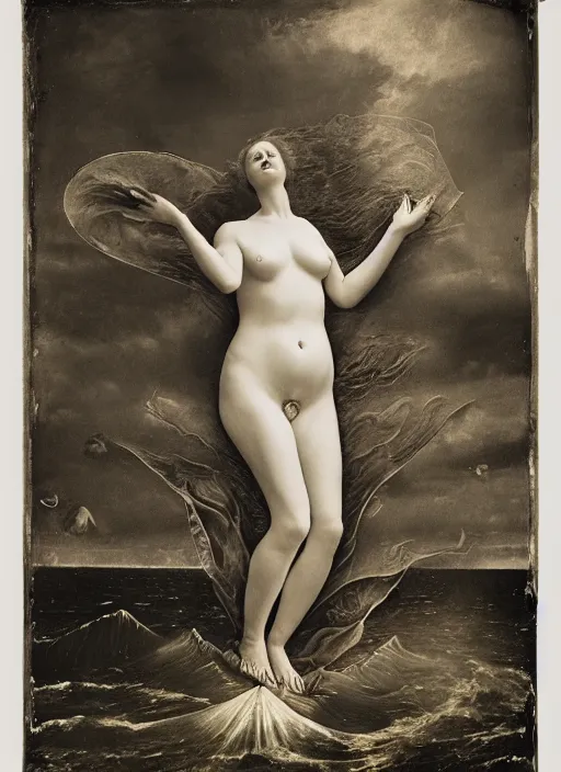 Prompt: old wetplate birth of venus, fractal, intricate, elegant, highly detailed, parallax, leica, medium format, subsurface scattering, by jheronimus bosch and greg rutkowski and richard avedon