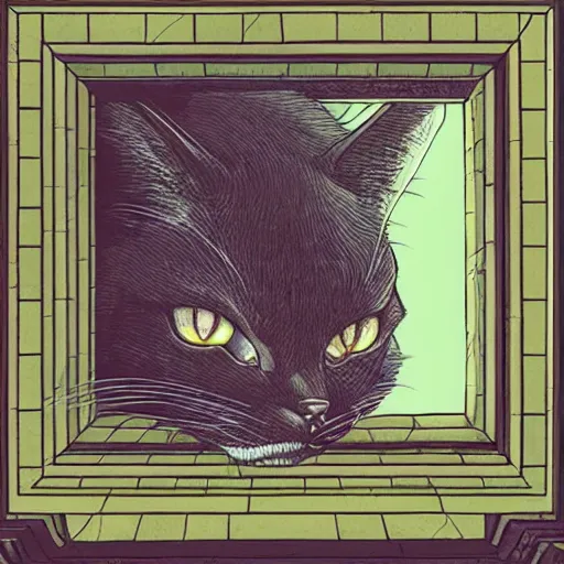 Prompt: vampire cat, inside a frame on a tiled wall, frontal picture, by yoichi hatakenaka, masamune shirow, josan gonzales and dan mumford