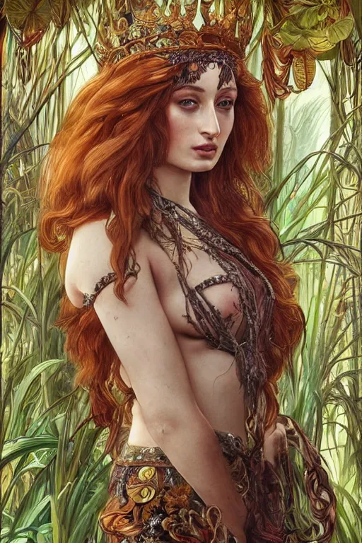 Image similar to Sophie Turner as the Queen of the Jungle, cute, fantasy, intricate, elegant, highly detailed, digital painting, 4k, HDR, concept art, smooth, sharp focus, illustration, art by artgerm and H R Giger and alphonse mucha