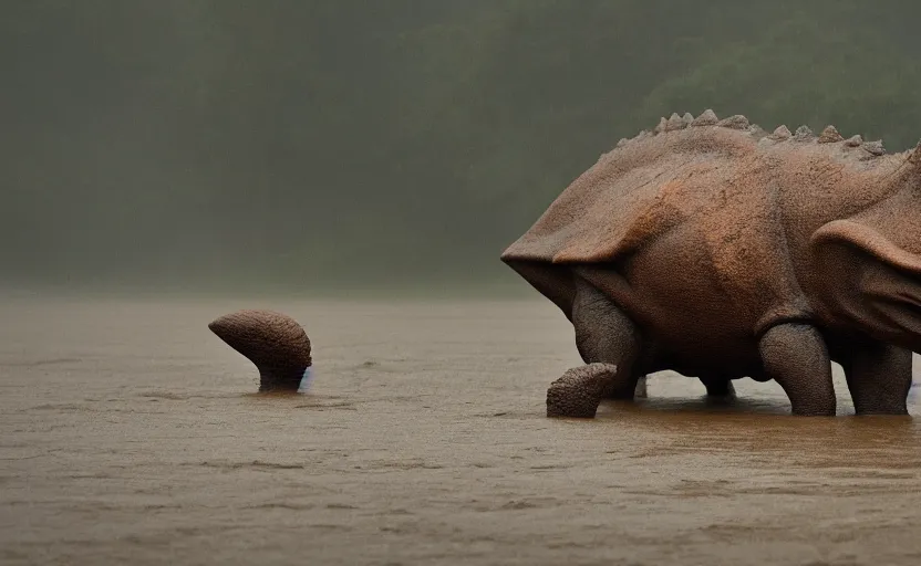 Image similar to nature photography of a rain soaked triceratops in flood waters, african savannah, rainfall, muddy embankment, fog, digital photograph, award winning, 5 0 mm, telephoto lens, national geographic, large eyes