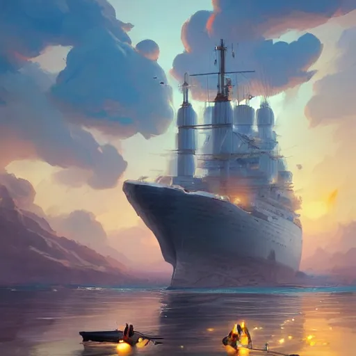 Prompt: a large ship floating on top of a body of water, , cgsociety, fantasy art, 2d game art, official art, concept art , behance hd , concept art by Jesper Ejsing, by RHADS, Makoto Shinkai