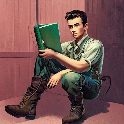 Prompt: a highly detailed epic cinematic concept art CG render digital painting artwork costume design: young James Dean as a well-kept neat mechanic in 1950s USSR green dungarees and big boots, reading a book. By Greg Rutkowski, Ilya Kuvshinov, WLOP, Stanley Artgerm Lau, Ruan Jia and Fenghua Zhong, trending on ArtStation, subtle muted cinematic colors, made in Maya, Blender and Photoshop, octane render, excellent composition, cinematic atmosphere, dynamic dramatic cinematic lighting, aesthetic, very inspirational, arthouse