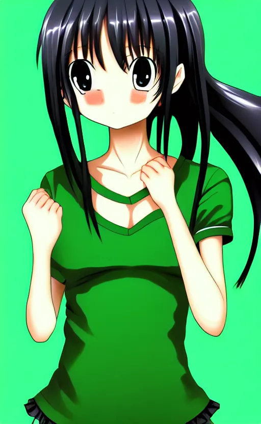 Image similar to anime girl with a detailed face and black hair in a green outfit, full body, trending, low angle, worms eye view, illustration,